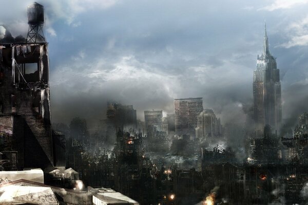 A fantastic city in the fog at dusk