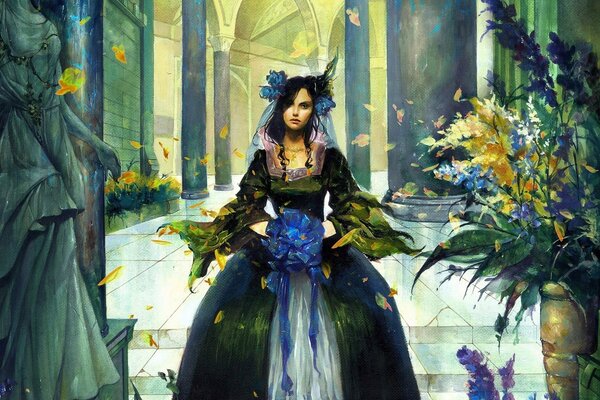 Fabelhaftes Mädchen in einem Kleid mit Blättern und Blumen