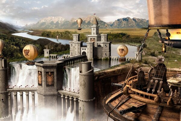 Castle with waterfall and balloons