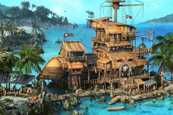 Un enorme barco pirata amarrado a la costa con palmeras
