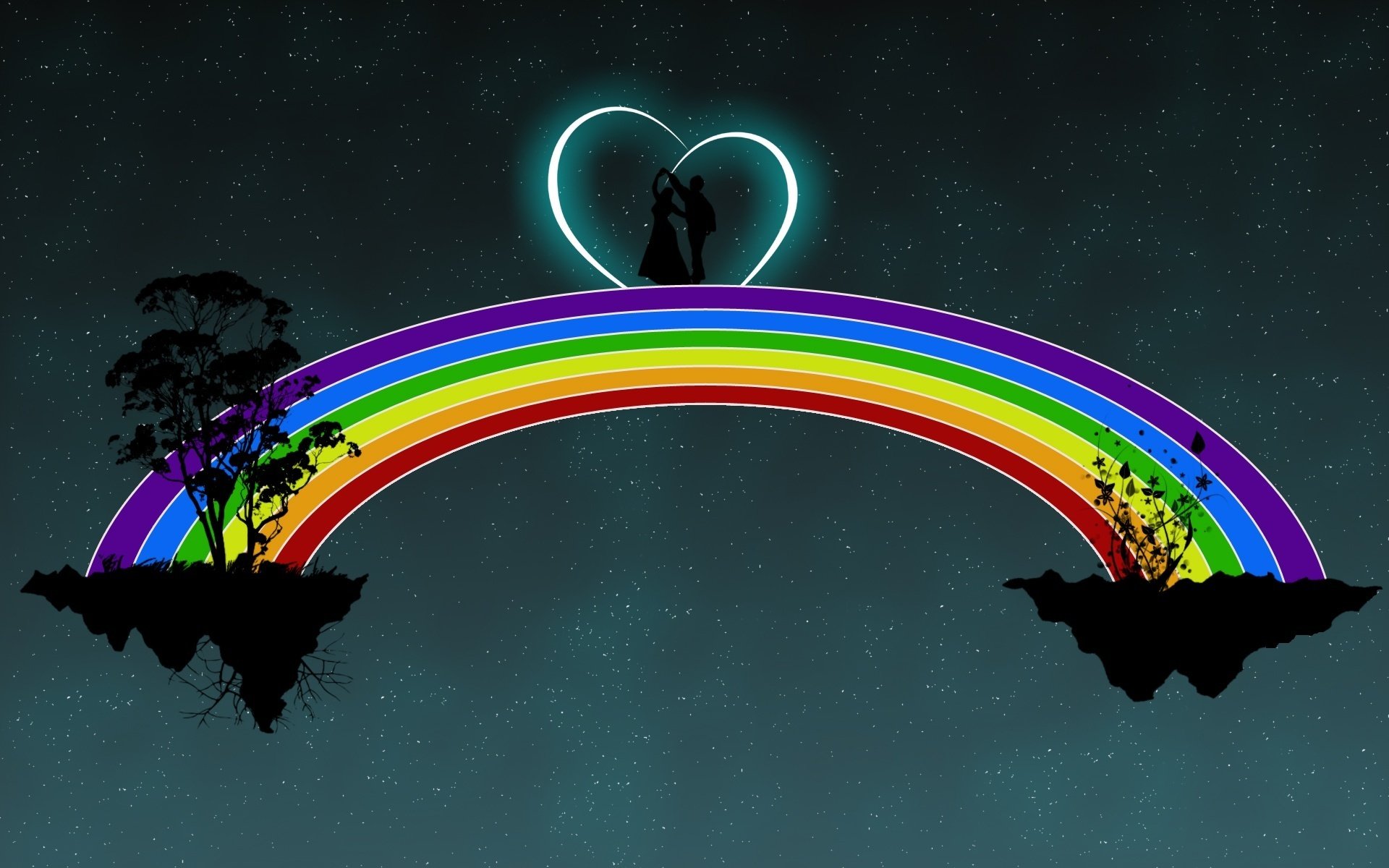 insel der liebe zwei zusammen brücke der liebe regenbogen romantik gefühle liebe paar liebhaber treffen datum herz tanz nacht sterne himmel zeichnungen anime