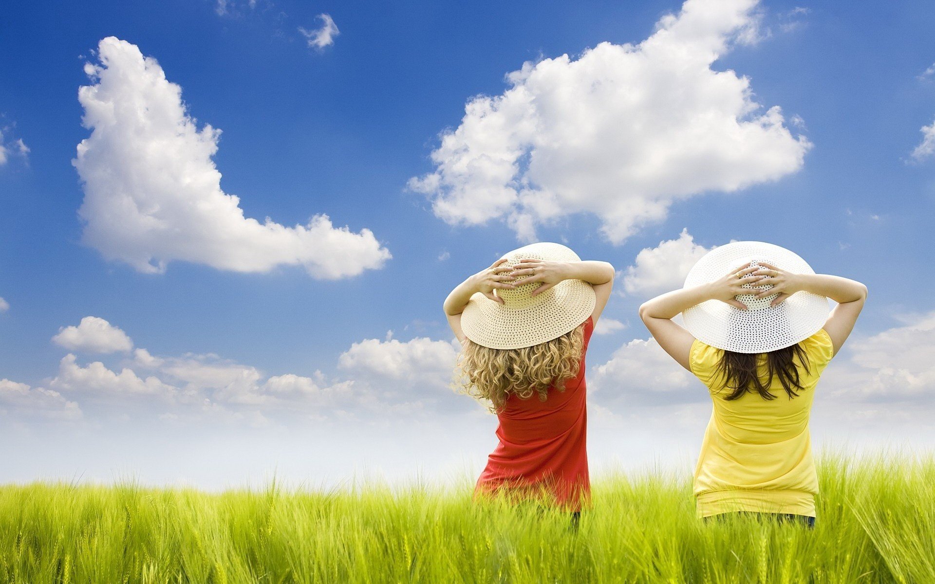 babies in the field in straw hats green grass sky clouds mood children grass greenery summer day sun hats hats girls crumb