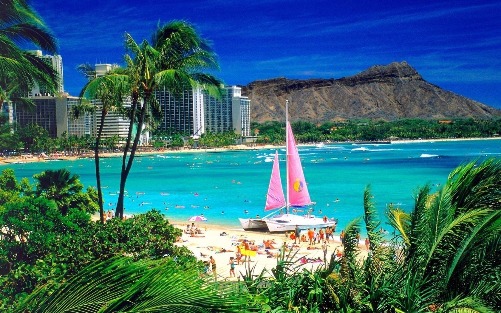 große gebäude glasfenster rosa segel strand meer wasser sommer sonne hitze stimmung palme blätter boot sand menschen küste himmel resort