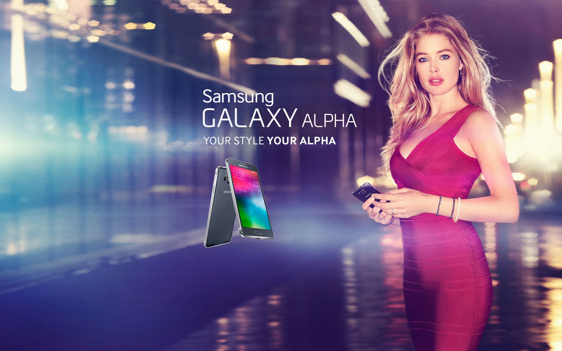 doutzen kroes galaxy alpha samsung samsung galaxy samsung galaxy alpha alpha smartphone android phone hi-tech tech device device black girls girl model blonde dress beautiful light city f