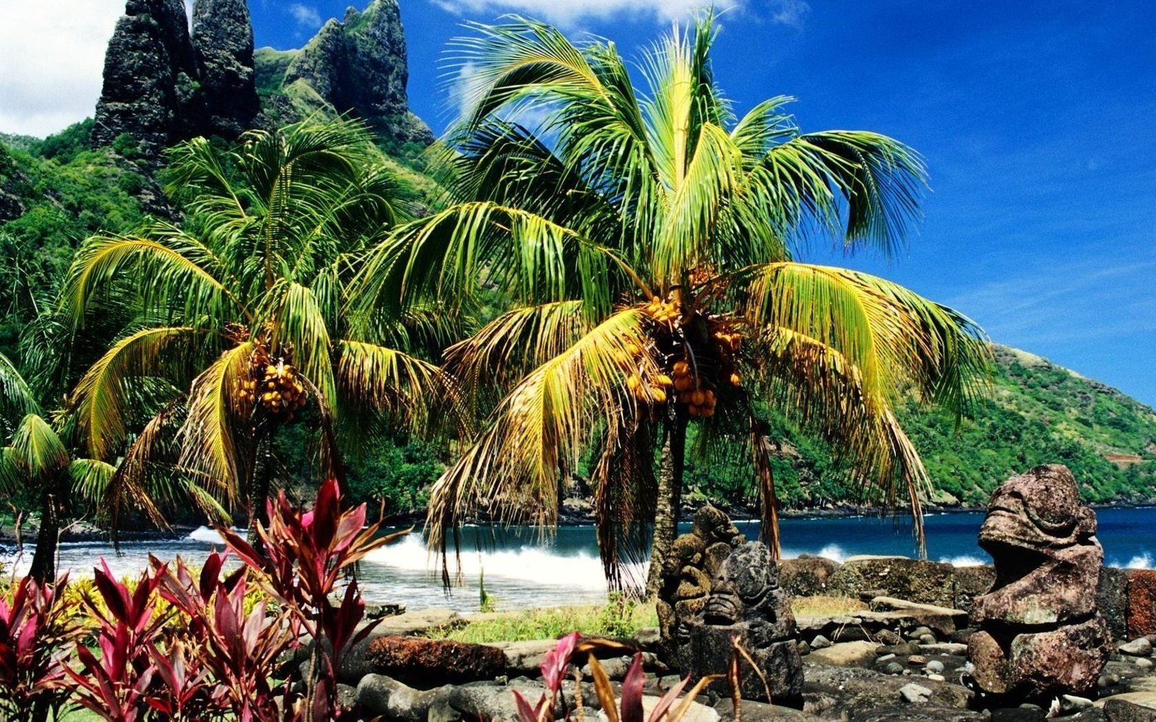 estatuas de piedra zona de playa palmeras montañas cielo olas mar surf costa paisaje naturaleza árboles vegetación palmeras trópicos rocas