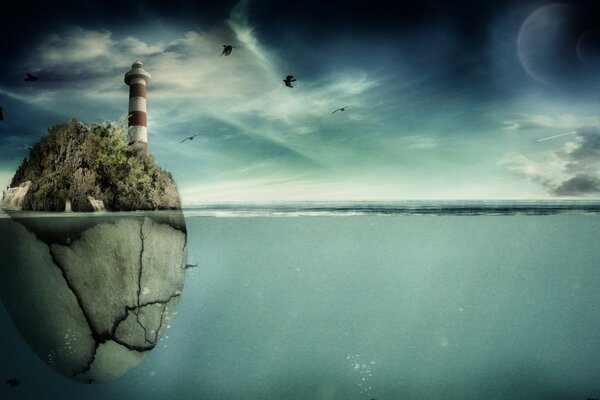 Photo of a lighthouse in the sea on the rocks