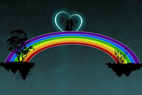 On a bright rainbow, a heart with a couple inside