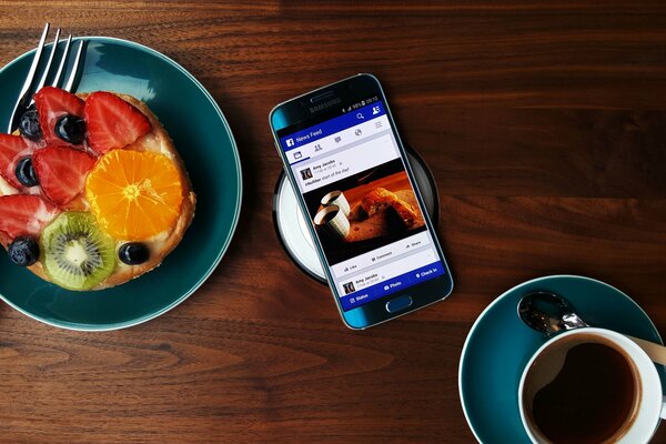 Breakfast with coffee and Samsung Galaxy s6