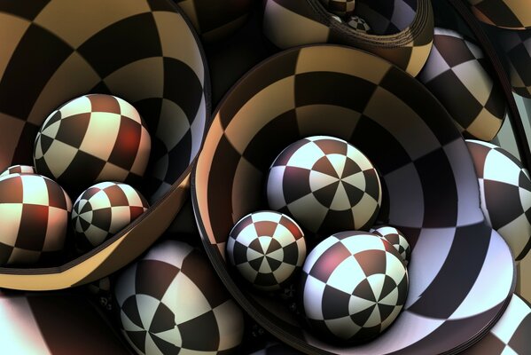 Three-dimensional balls with a checkerboard pattern in containers