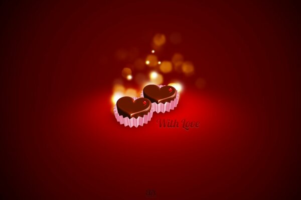 Романтические сердечки из шоколада на красном фоне