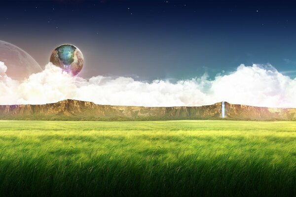 Panorama of a field with hills and a planet on the horizon