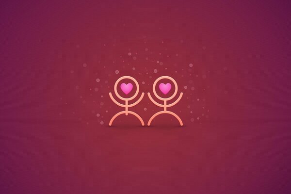 Little men with hearts on a crimson background