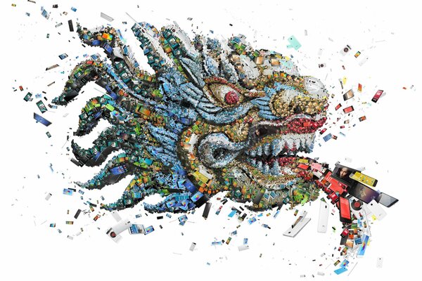 Мозаика в виде лица дракона, сложенная из смартфонов