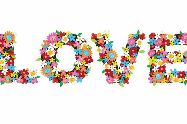 Large letters love from wildflowers on a white background