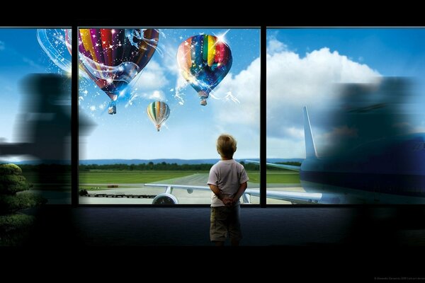 A boy dreaming of flying in a hot air balloon