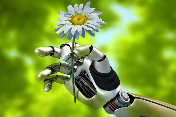 The robot s hand holds a daisy on a green background