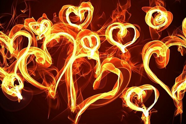 On a black background, the fiery contours of hearts