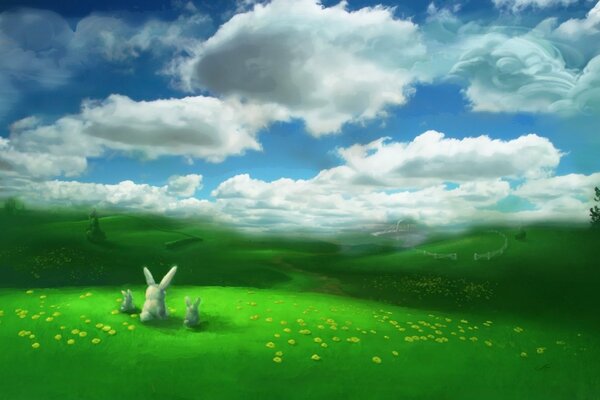 Кролики на зелёной поляне смотрят на облака