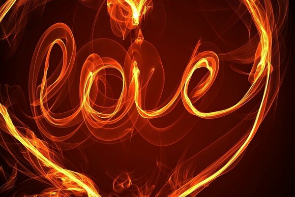 Le mot amour en anglais dans le cœur du feu