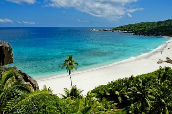 Vacances d été paradisiaques sur l île avec un magnifique paysage d océan, de palmiers, de montagnes et de nuages, de chaleur et de chaleur