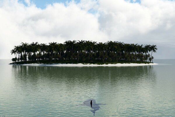 Palmenkunst auf der Insel, zu der der Fisch schwimmt