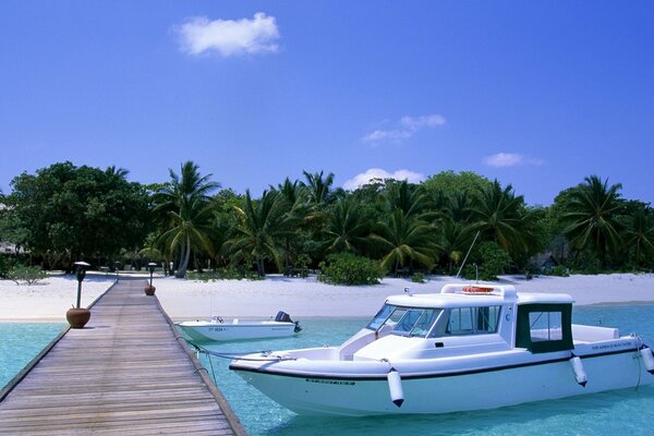 Summer sun, snow-white yacht at the wooden pier