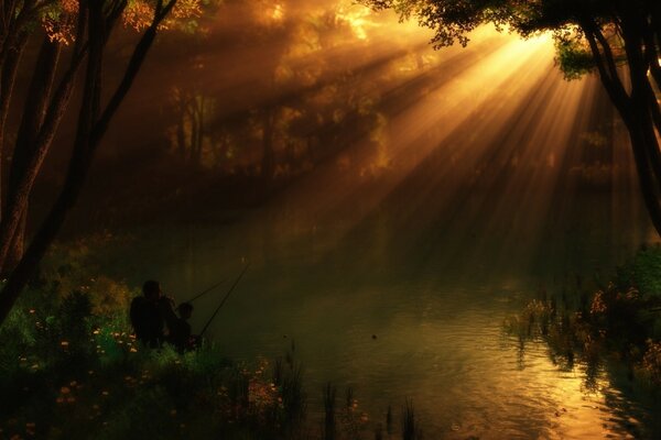 A ray of sun illuminating a forest lake