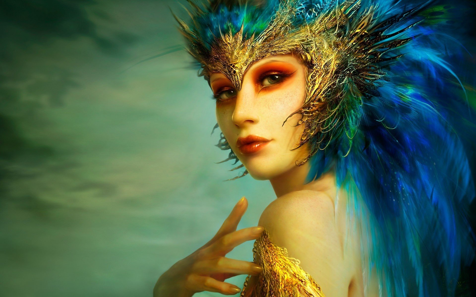 girl blue feathers mask clouds centerfolds portrait look women face eye