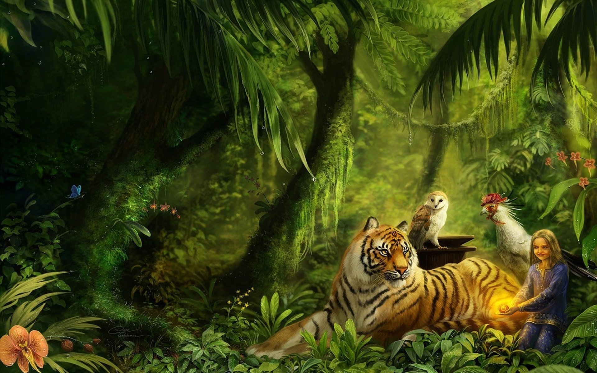 owl jungle animals tiger girl greenery predators friendship palm trees vines nature birds animals bird