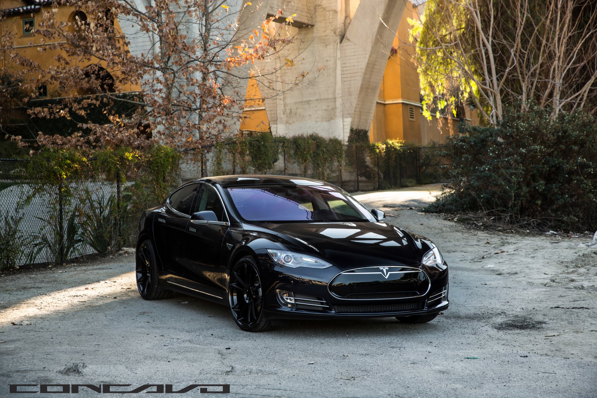 concavo ruedas tesla modelo s brillo negro cw-s5 auto coche frente árboles otoño óptica