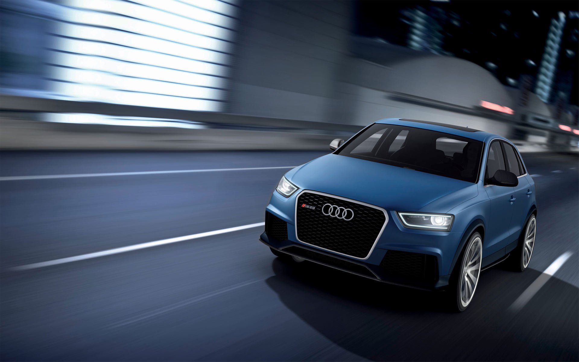 audi rs q3 blue concept machine town road front