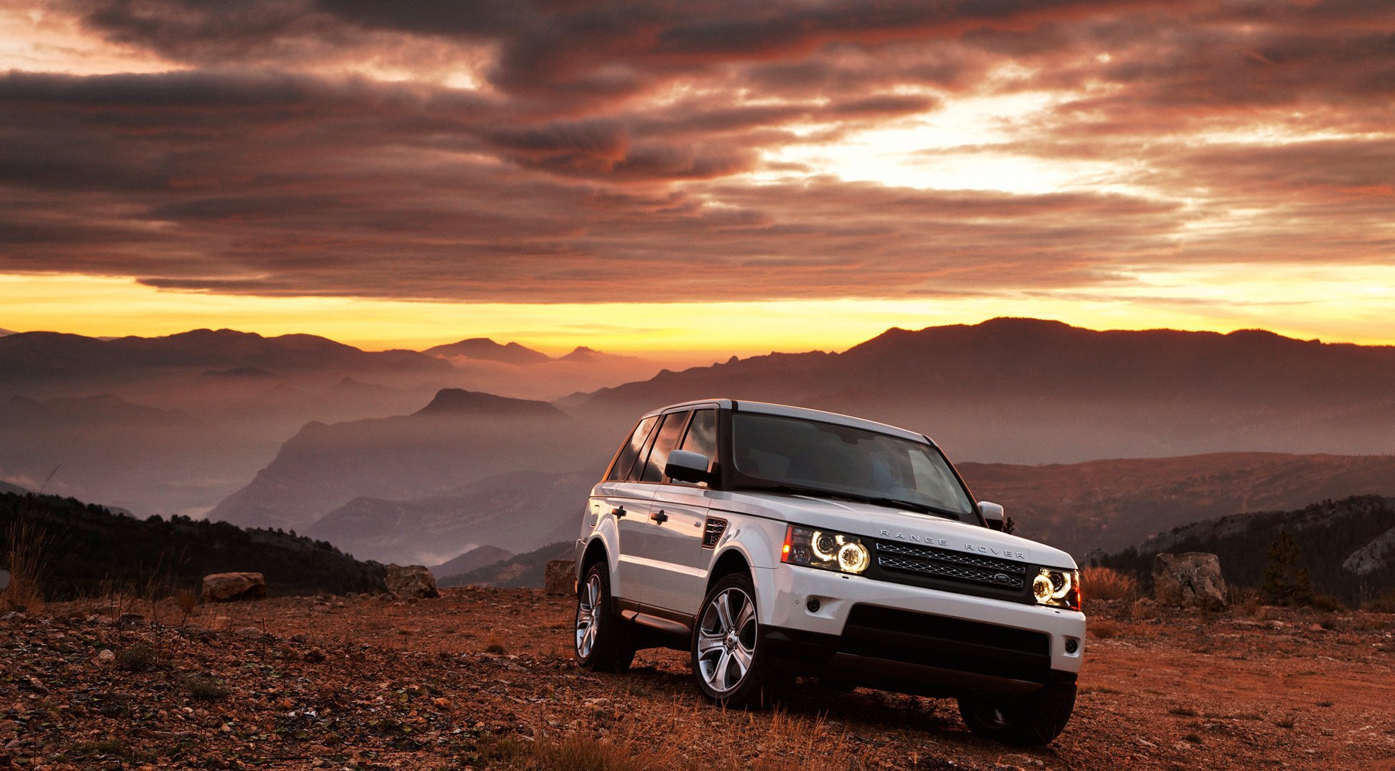 range rover blanc auto coucher de soleil montagnes voitures voitures véhicules transport véhicules à moteur