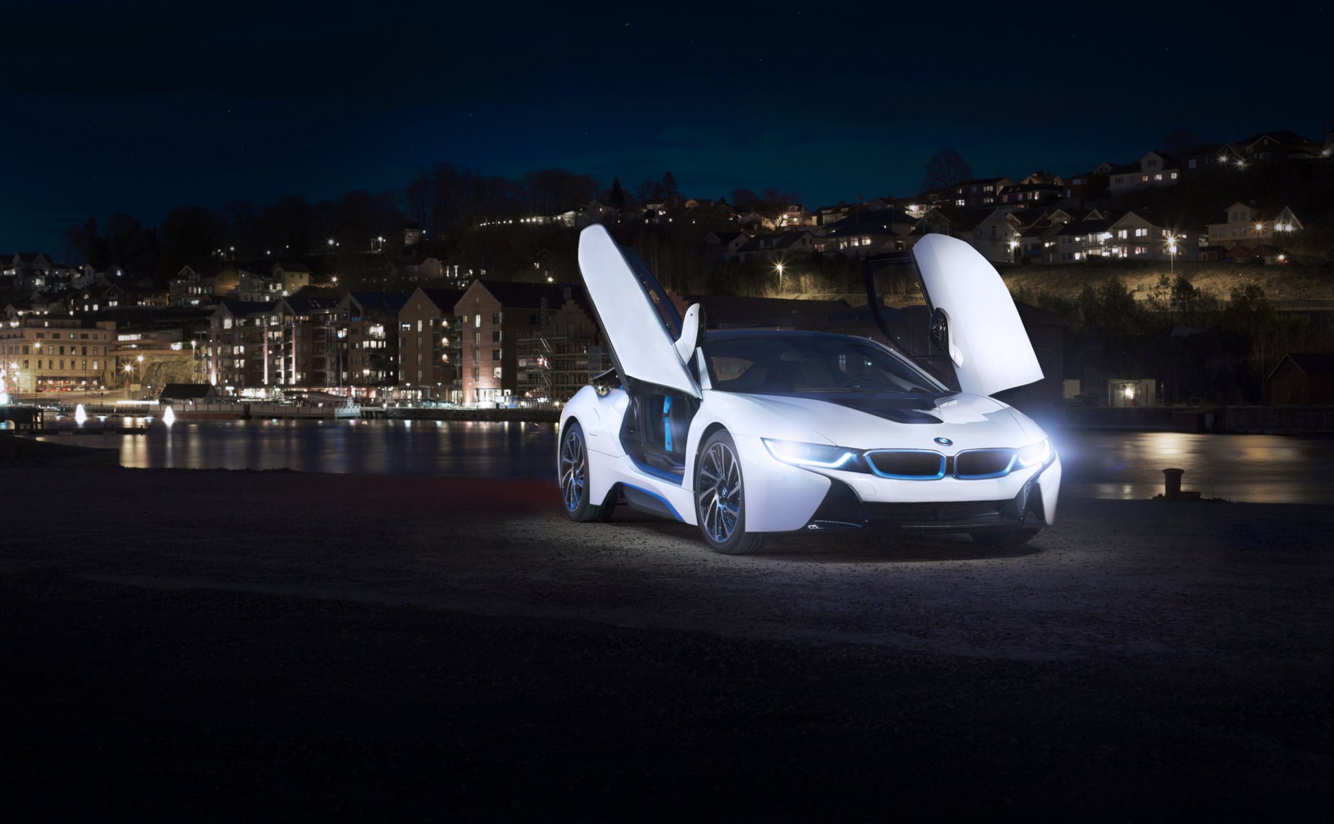 bmw i8 white doors nigth ligth river