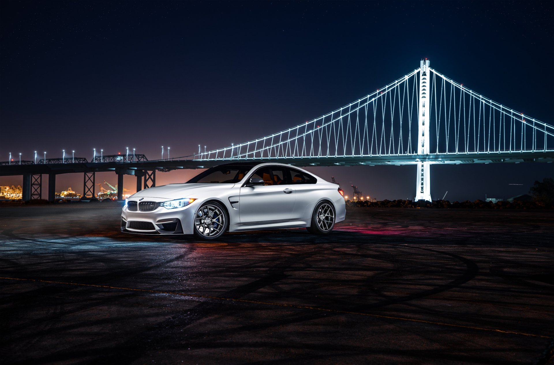 bmw m4 f82 aristo collection nigth ligth bridge city white car