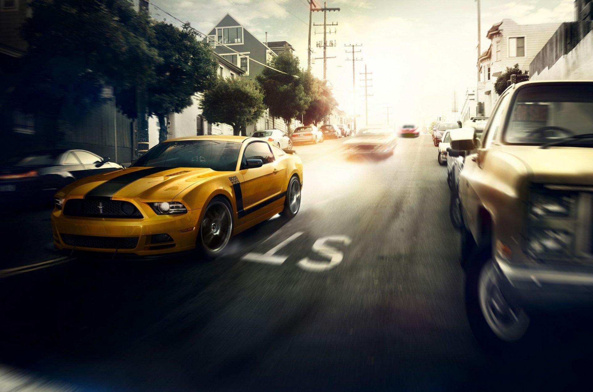 ford mustang boss yellow muscle car street san francisco sun speed front