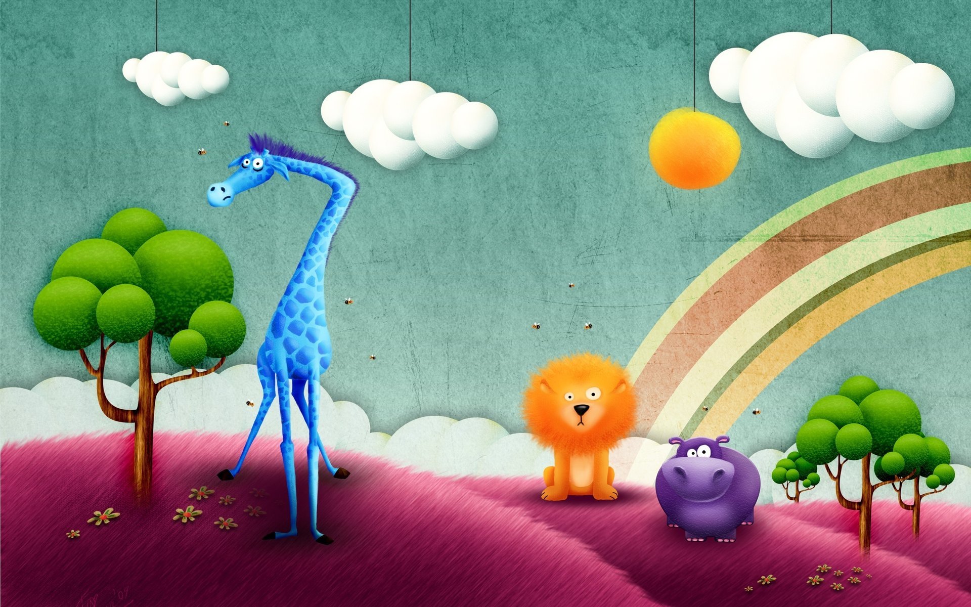 blue giraffe figure collage clouds rainbow trees leo hippo drawings anime