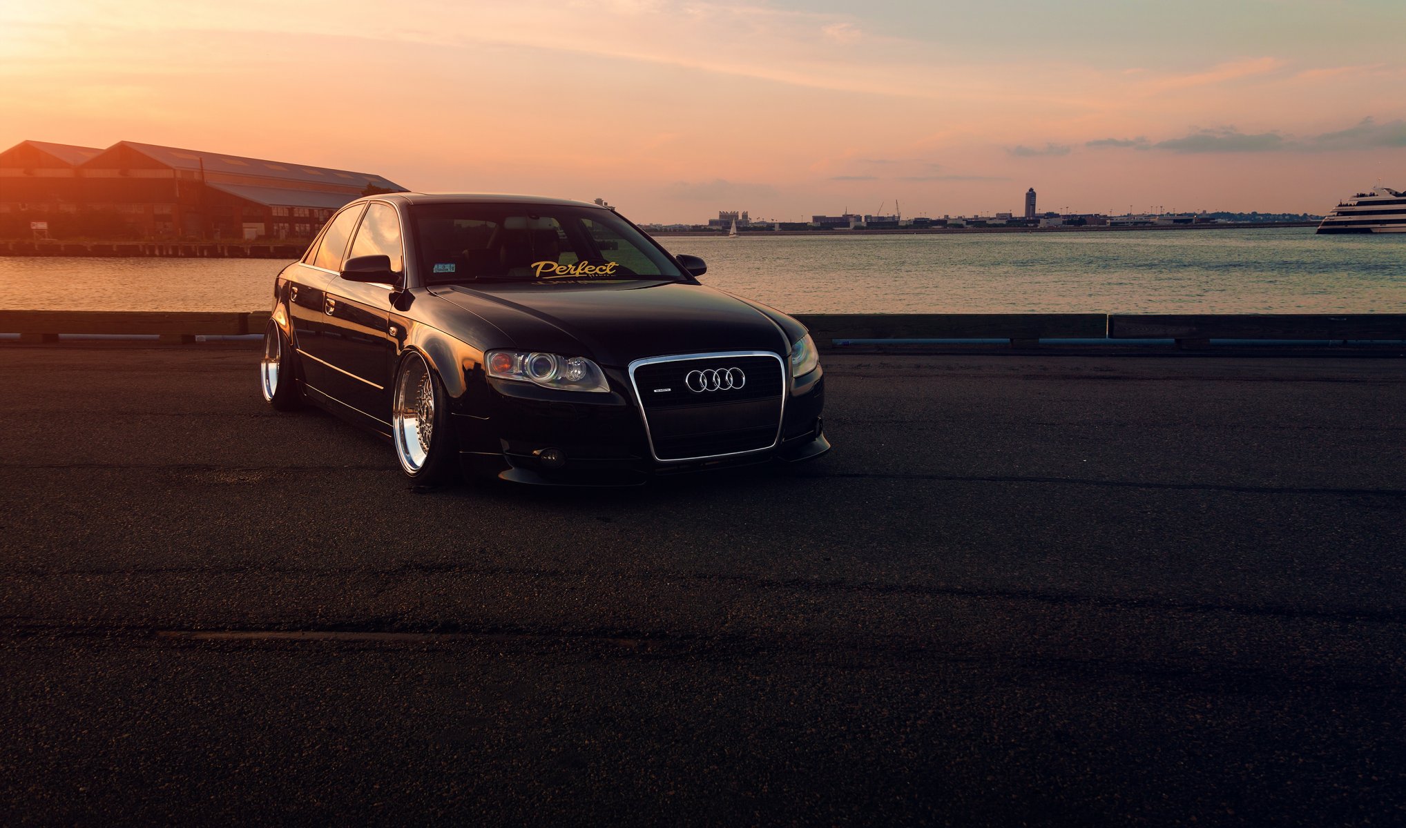 audi a4 position slammed auto schwarz sonnenuntergang vorne