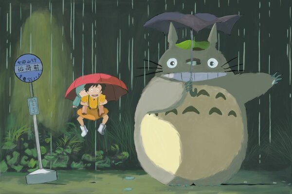 Totoro and Hayao miyazaki in the rain with an umbrella