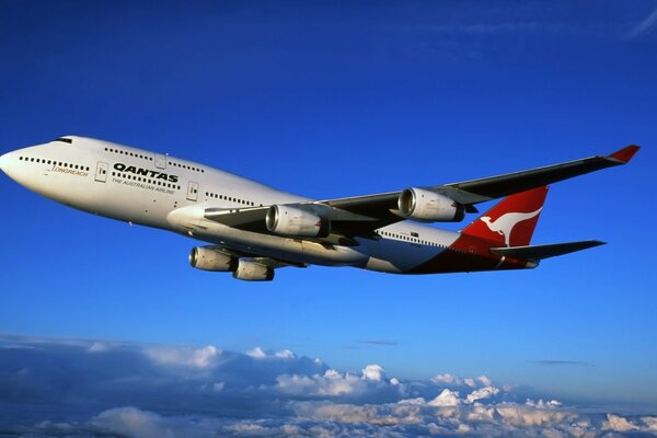 A passenger liner is flying in a bright blue sky