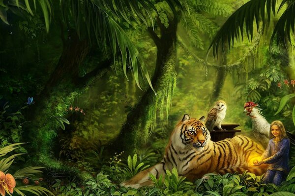 Ptaki, Tygrys i dziewczyna siedzą w dżungli pod palmami