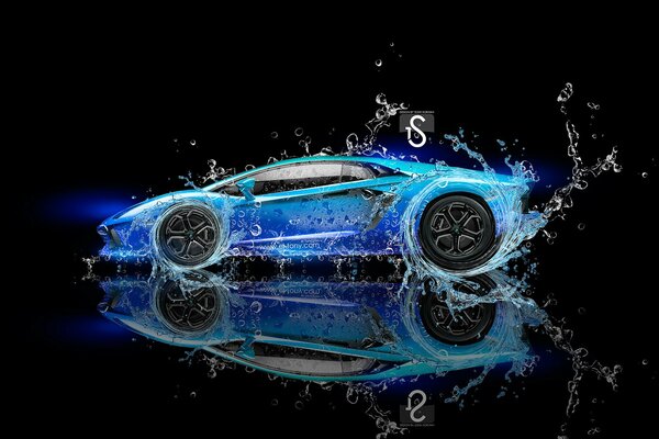 Drawing of a blue lamborghini on a black background