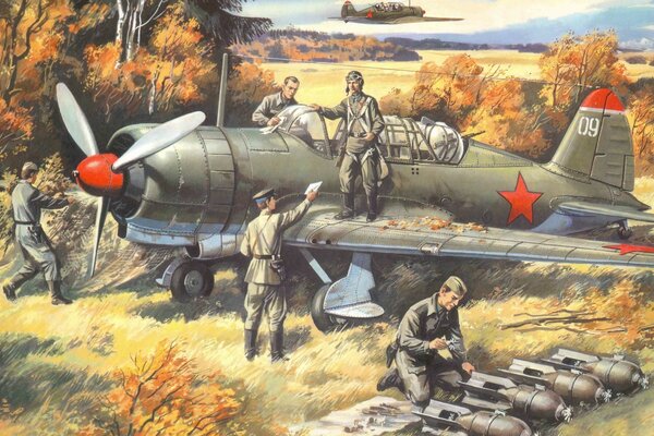 Art Soviet aircraft on the ground with a pilot and military