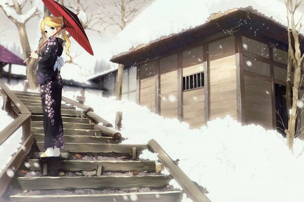 Anime fille blonde en kimono avec parapluie