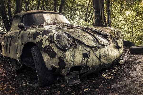 Vieille voiture sur la ferraille dans la forêt