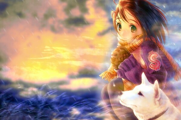 Chica anime y perro blanco al atardecer