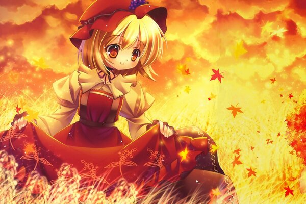 Anime girl in autumn leaf fall