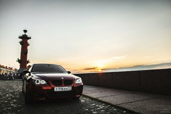 Bmw, strelka vasilyevsky island, sunset