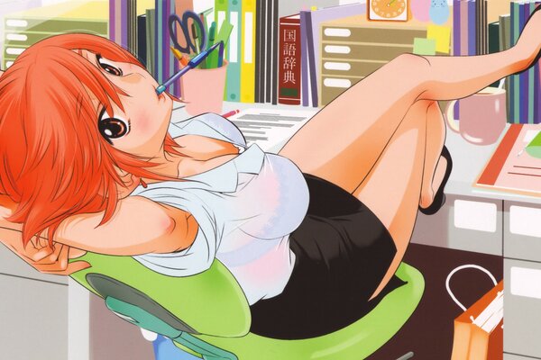 Anime girl in a sexy white shirt with the buttons unbuttoned is sitting on a chair in the office with her feet on the table