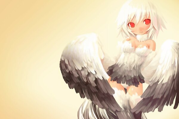 Angel girl with gray-white wings and red eyes