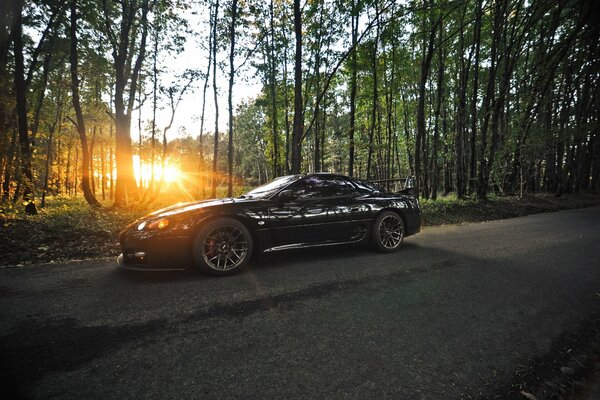 Mitsubishi negro en el bosque en medio de la puesta de sol